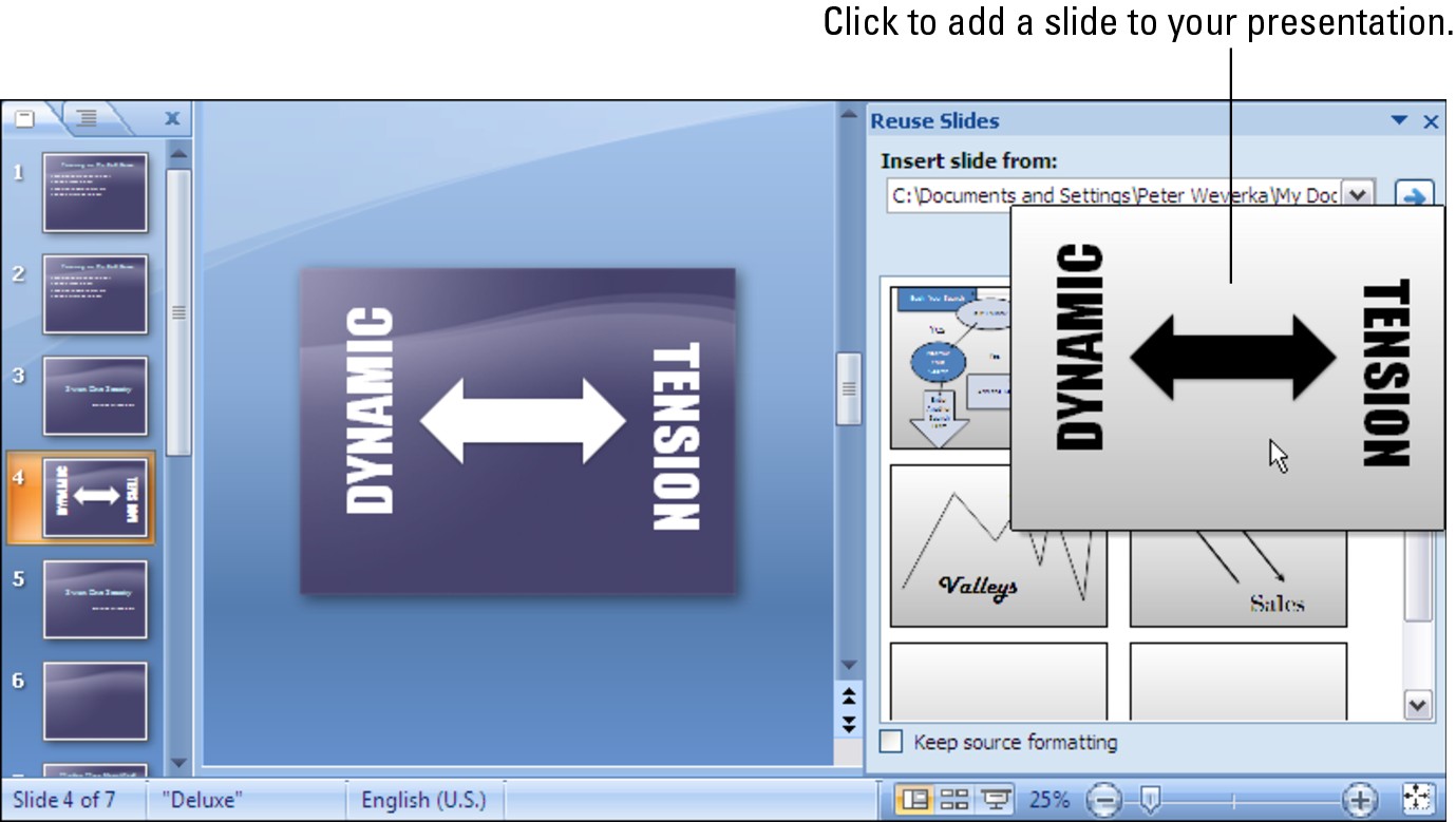 Figure 1-5: Examine and select slides in the Reuse Slides task pane.